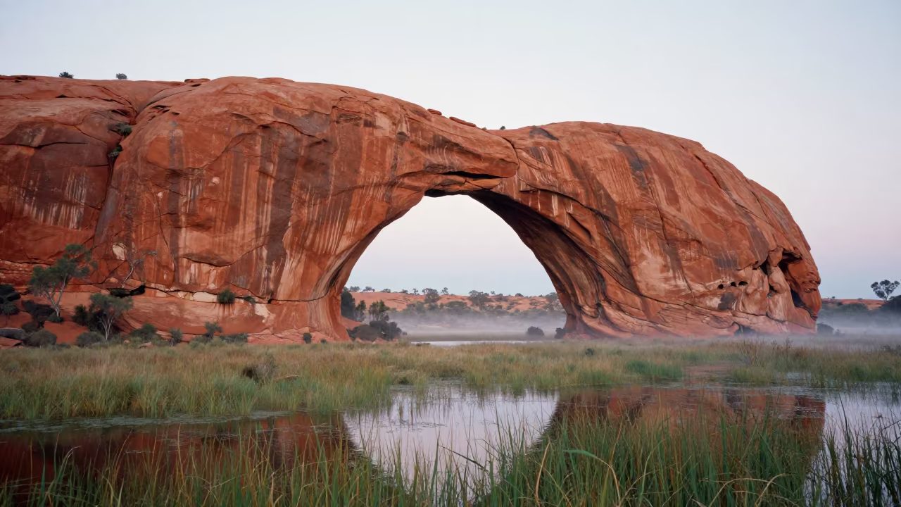 Sandstone Arch Over Flooded Australian Meadow in across a floodplain after rain in Australia
