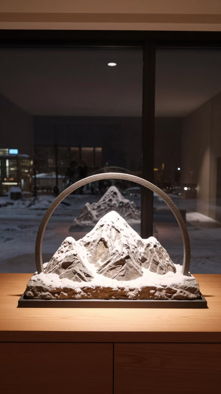 Sandstone Arch Framing Snow Peak on Sapporo Dresser in on a hotel dresser in Sapporo