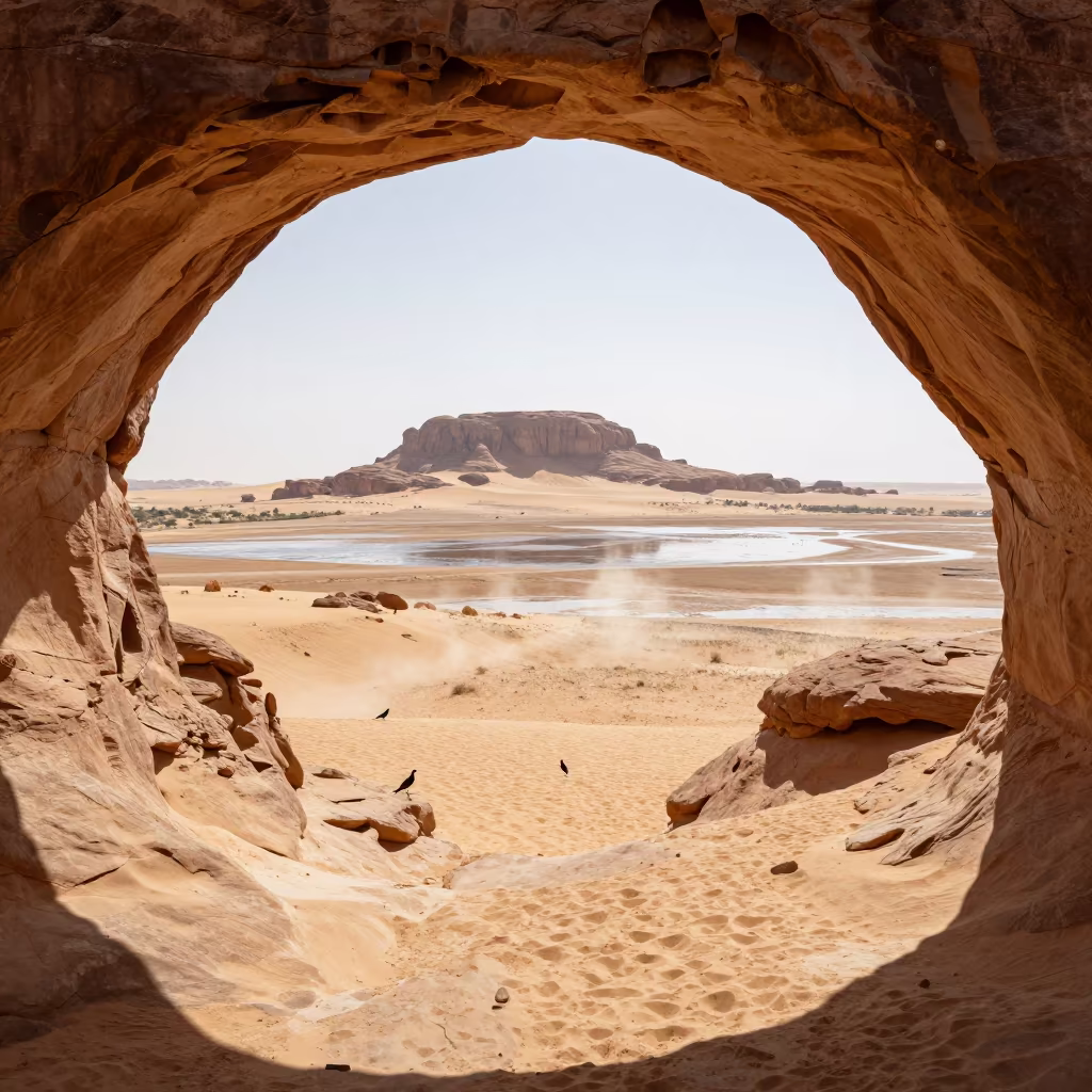 Sandstone Arch Over Floodplain Near Nouakchott in across a floodplain after rain near Nouakchott