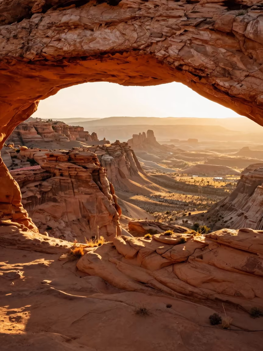 Sandstone Arch Overlooking Desert Mesa at Golden Hour in from a ridge above layered foothills in Nevada