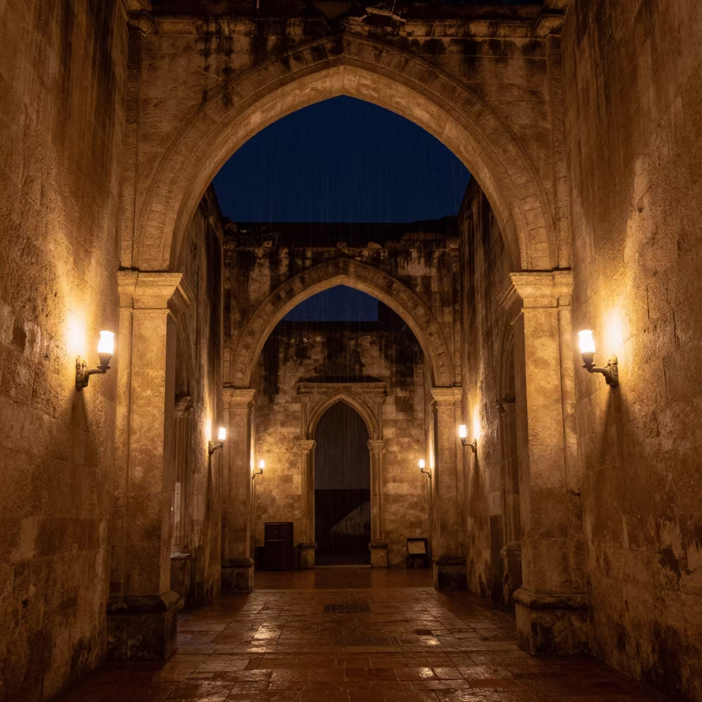Sandstone Arch in Pisco Abbey Corridor Midnight in along a monastery corridor in Pisco