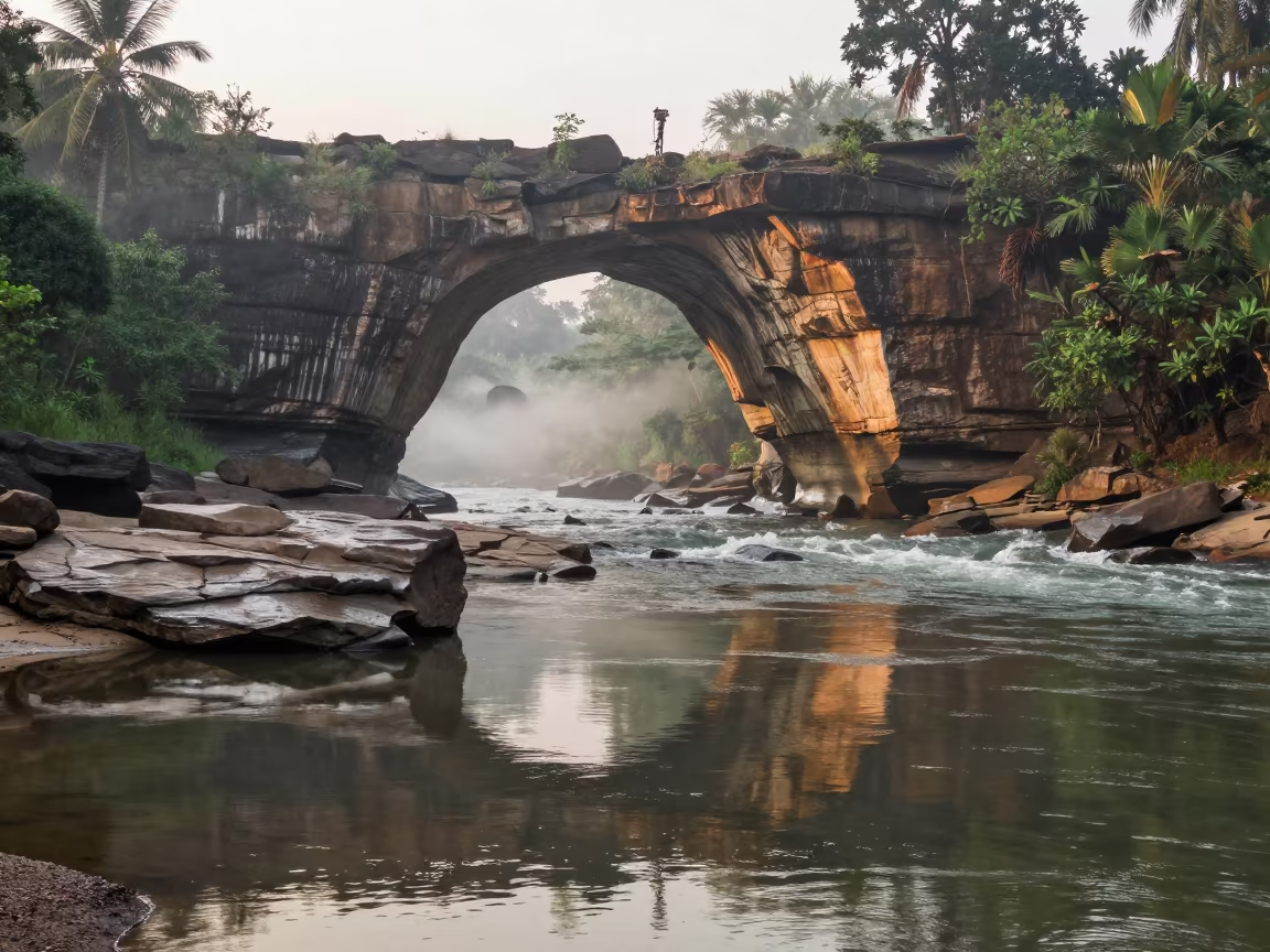 Sandstone Arch Over River at Dawn in along a wave-cut shoreline in Nagaland