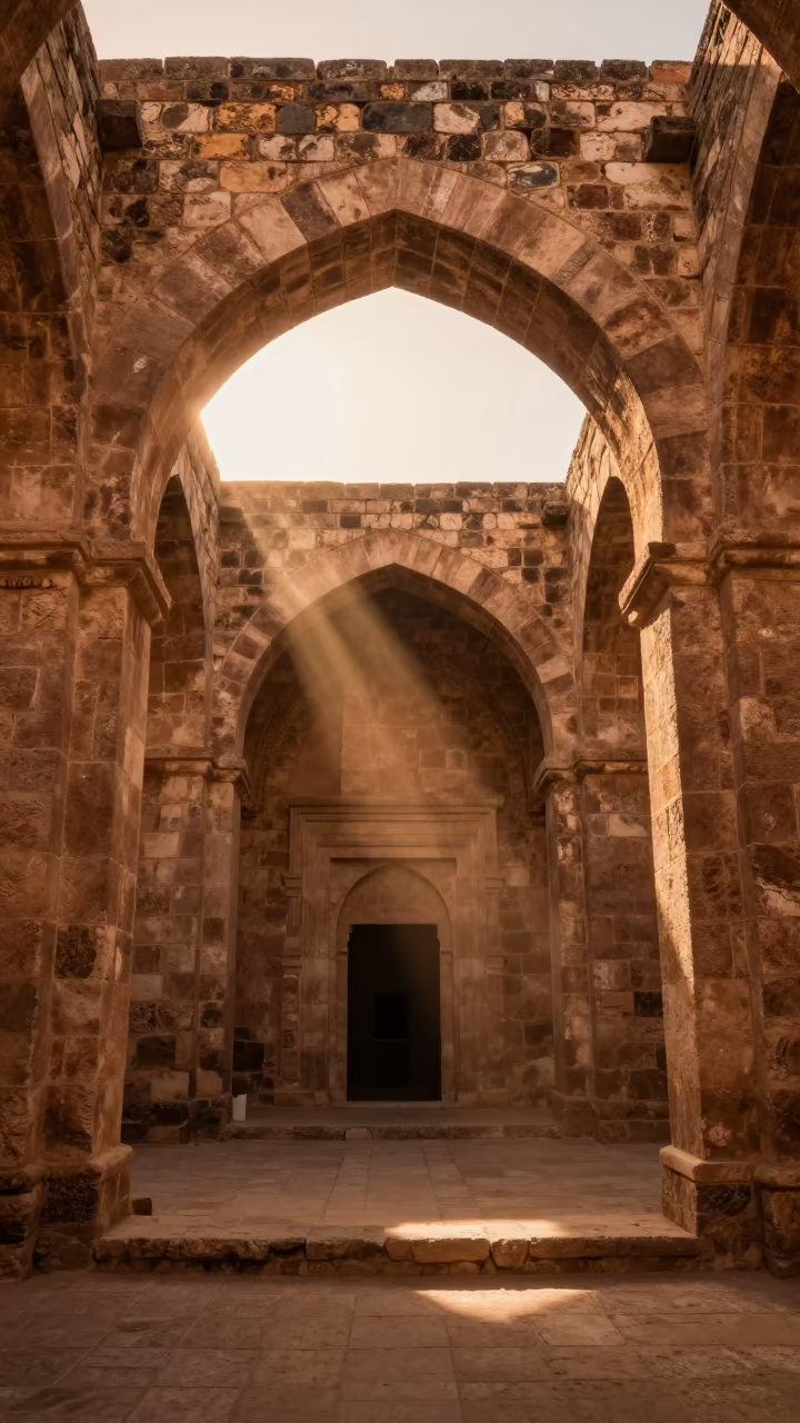 Sandstone Arch in Ruined Abbey Chapel in inside a stone chapel in Setif