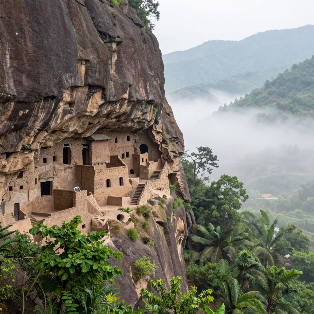 Sandstone Cliff Dwelling Yunnan Late Spring Mist in in Yunnan