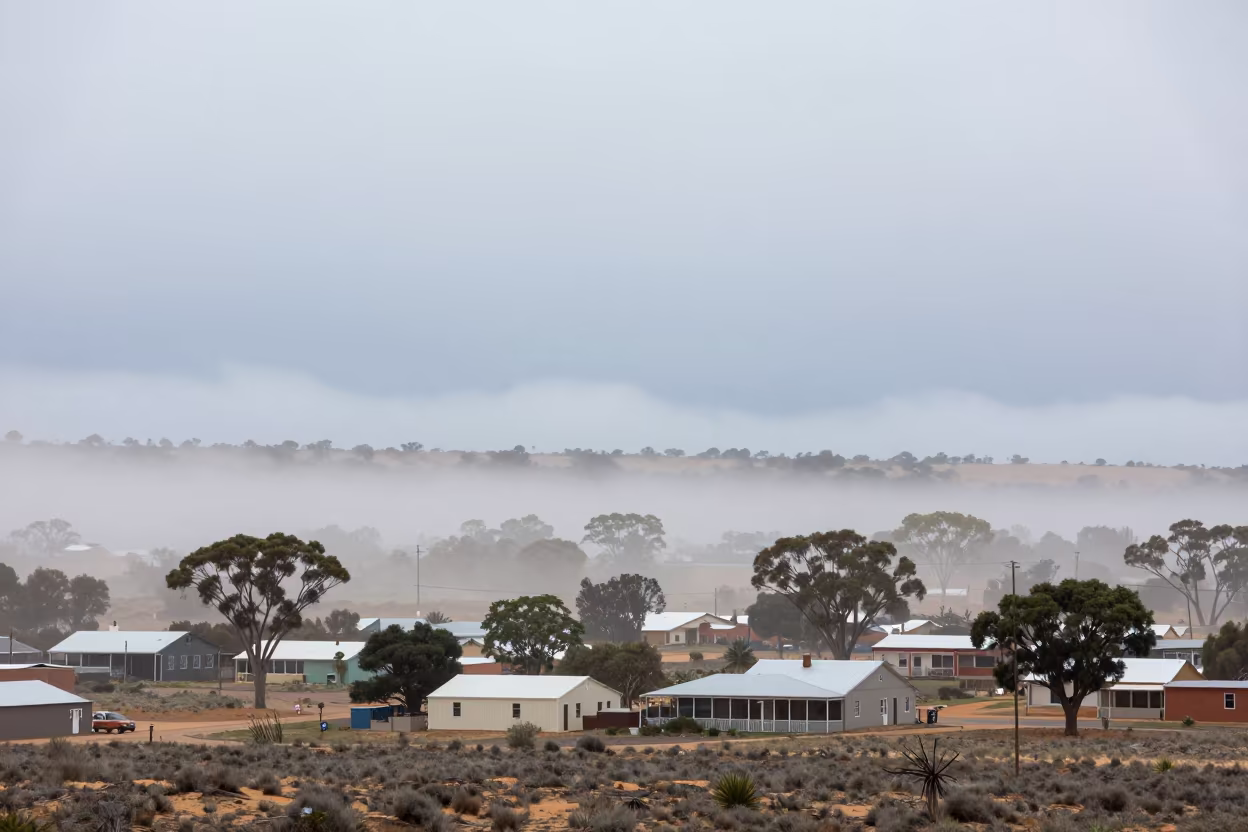 Sandstorm Approaches Australian Village Through Fog in through low marine fog in Australia