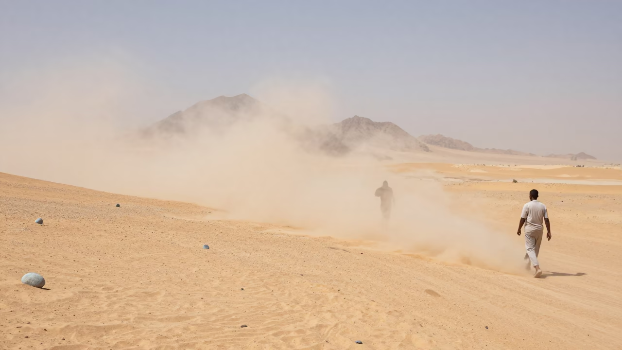 Sandstorm on Desert Route Near Cairo in through low marine fog near Cairo