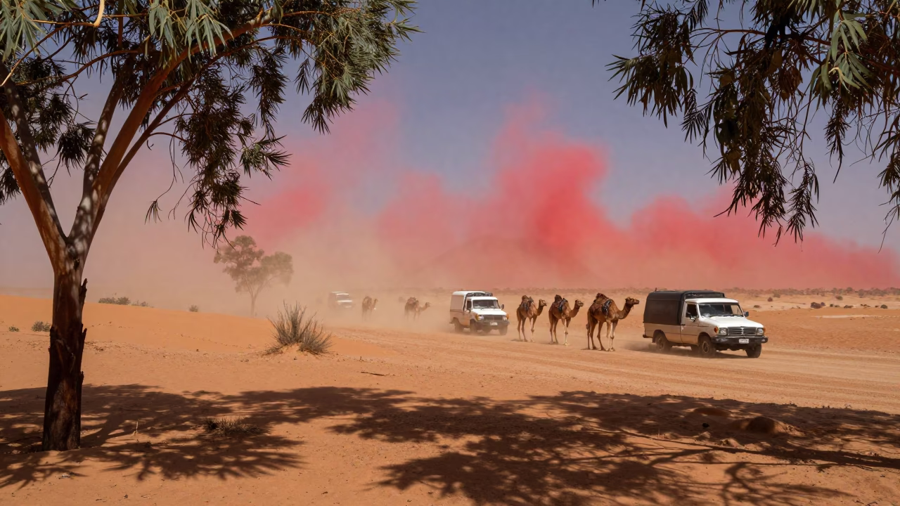 Sandstorm Engulfing Australian Desert Caravan Route Midday in in Australia