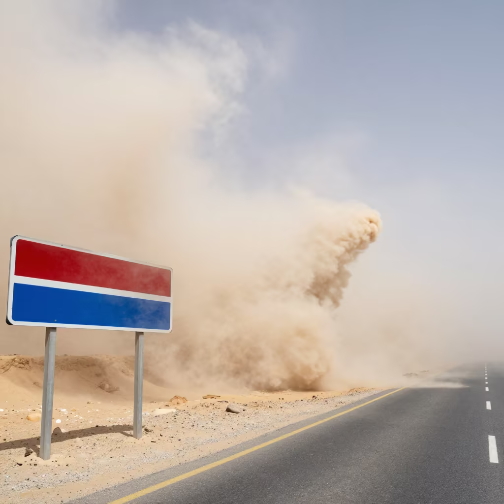 Sandstorm Wall Engulfs Highway Marker in Egypt in through low marine fog in Egypt