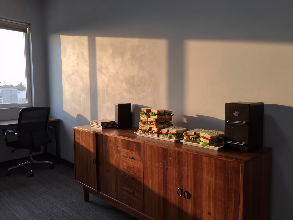 Sandwiches on Boardroom Sideboard in Gondar Office in inside an open-plan office bay in Gondar