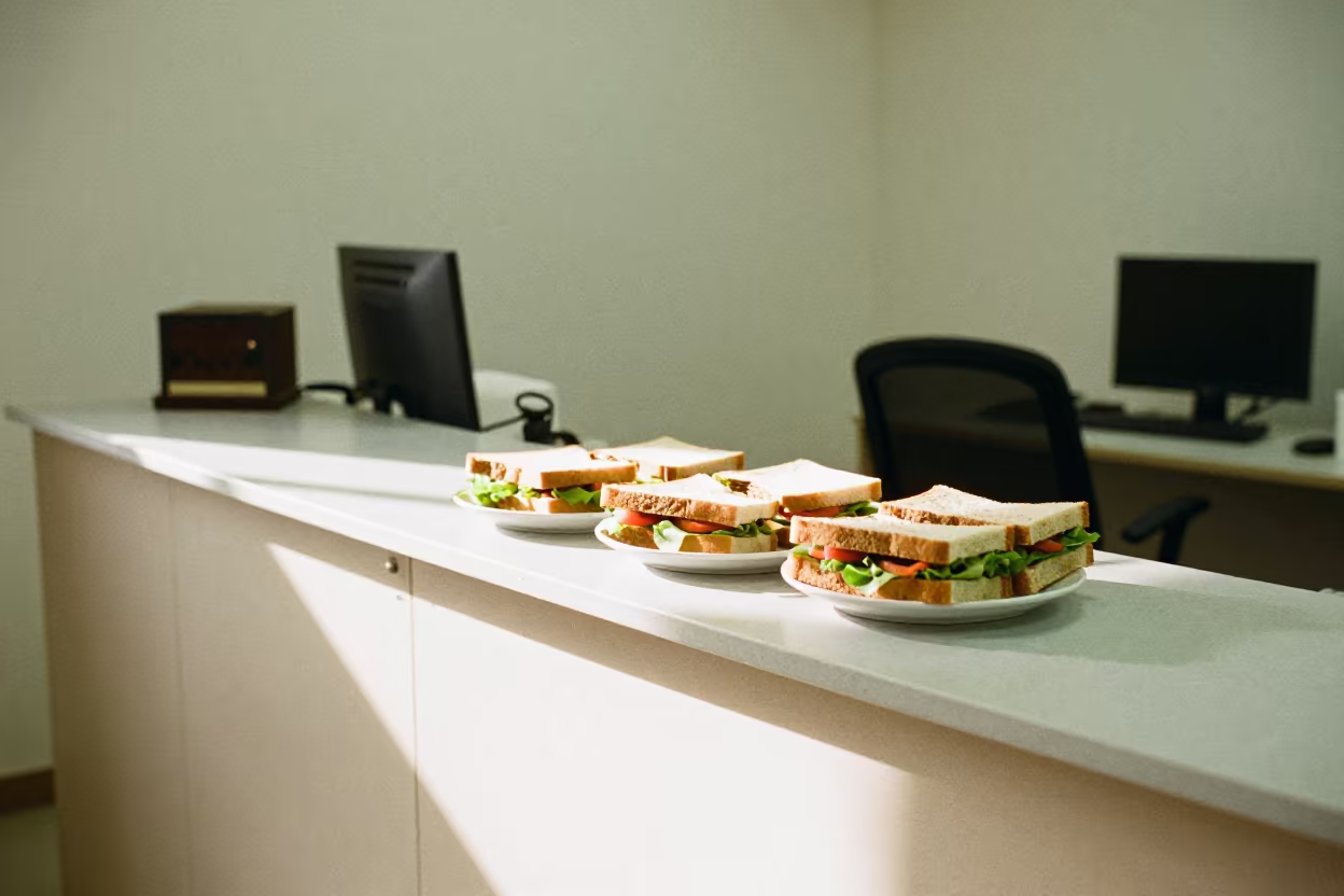 Sandwiches on Office Sideboard Touba Morning in at an office reception desk in Touba