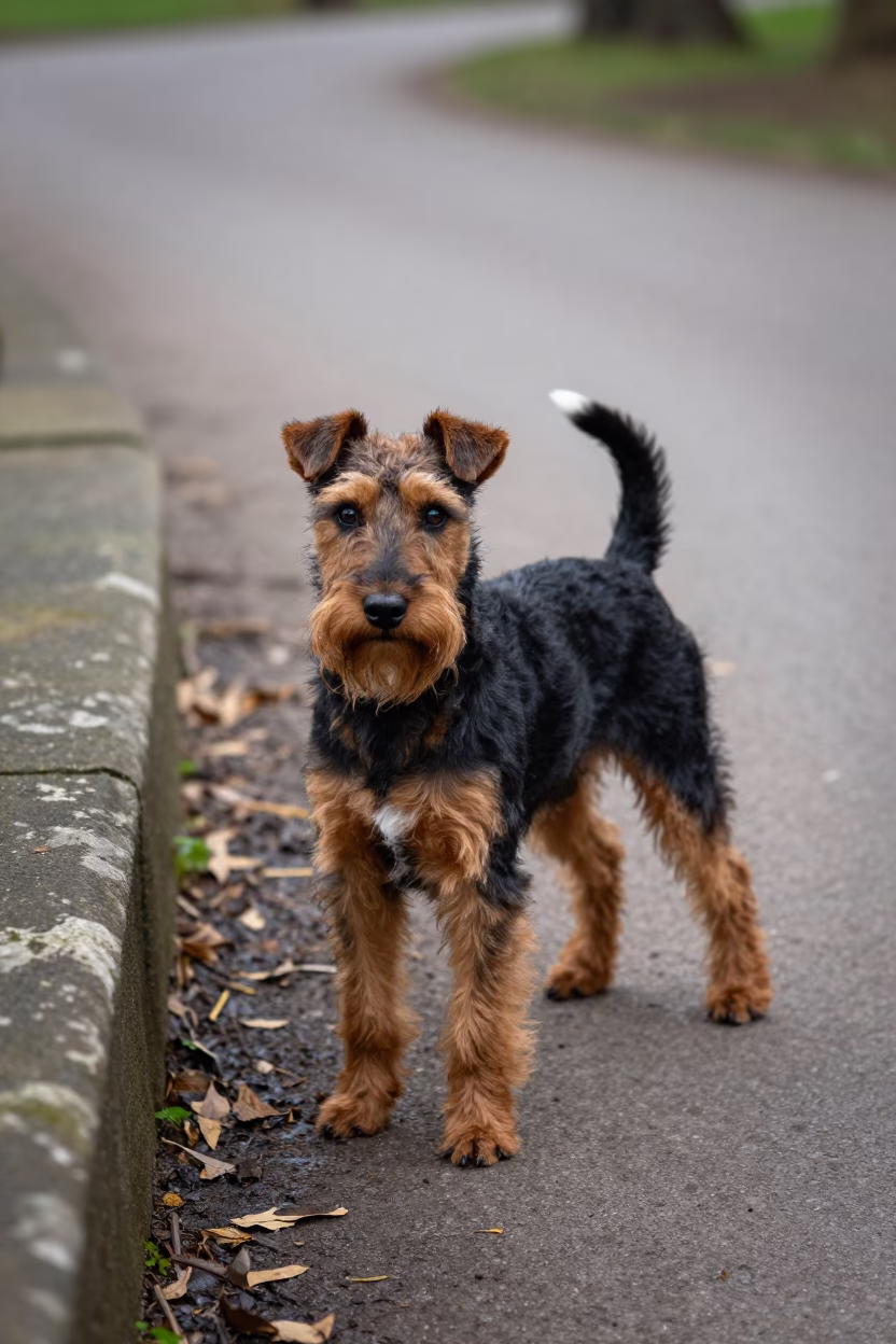 Sangalkam Park Portrait of a Manchester Terrier in along a quiet park path with soft open shade and a clean background in Sangalkam
