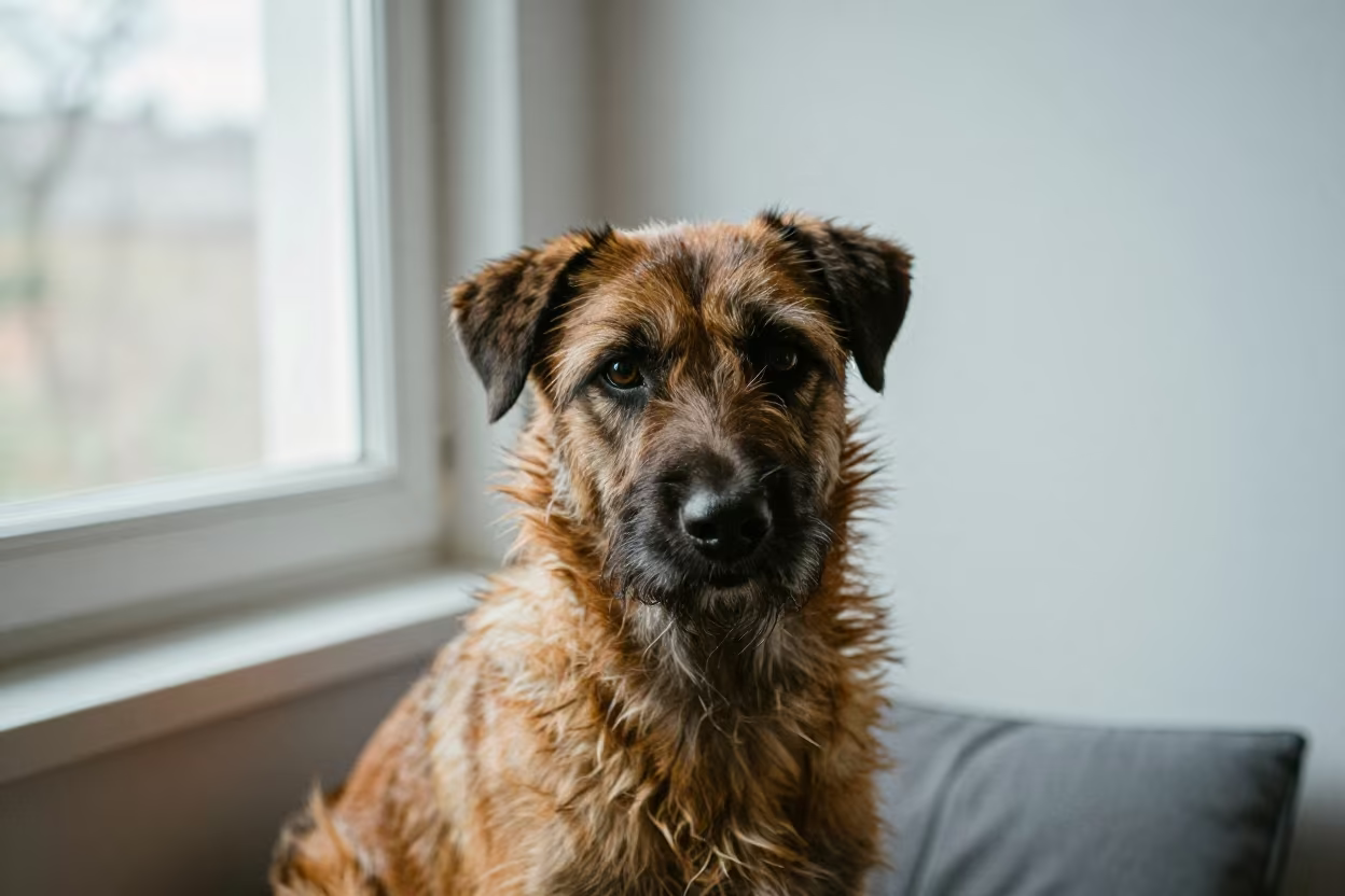 Sangli Portrait of Belgian Laekenois on Window Seat in on a cushioned window seat with soft side light and an uncluttered background near Sangli