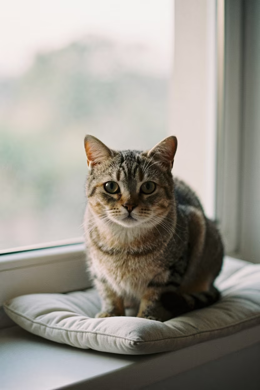 Sangli Sunrise Portrait of American Shorthair Cat in on a cushioned window seat with soft side light and an uncluttered background in Sangli