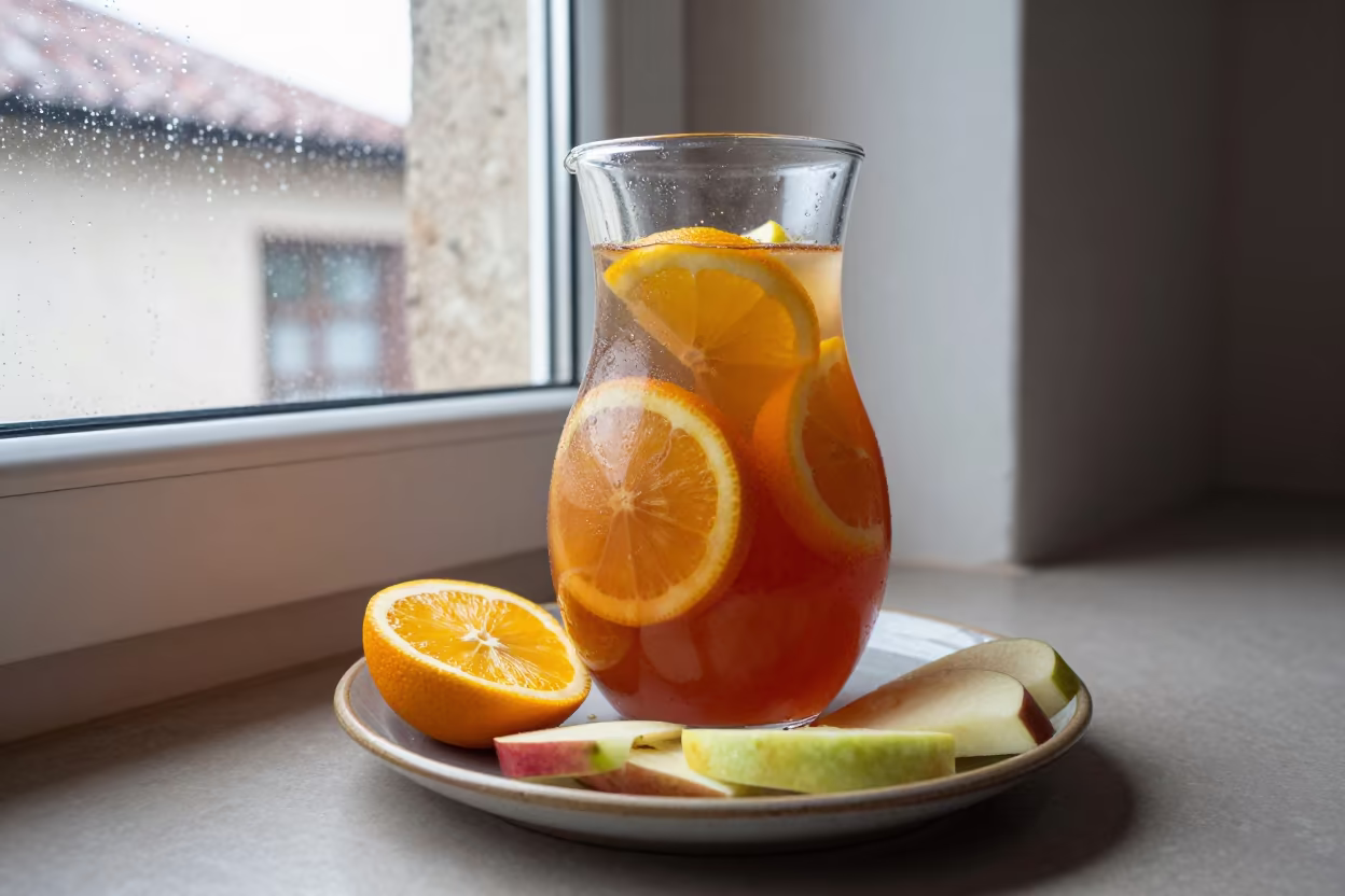Sangria Jug Fruit La Libertad Window Noon in on a ceramic plate by a window in La Libertad