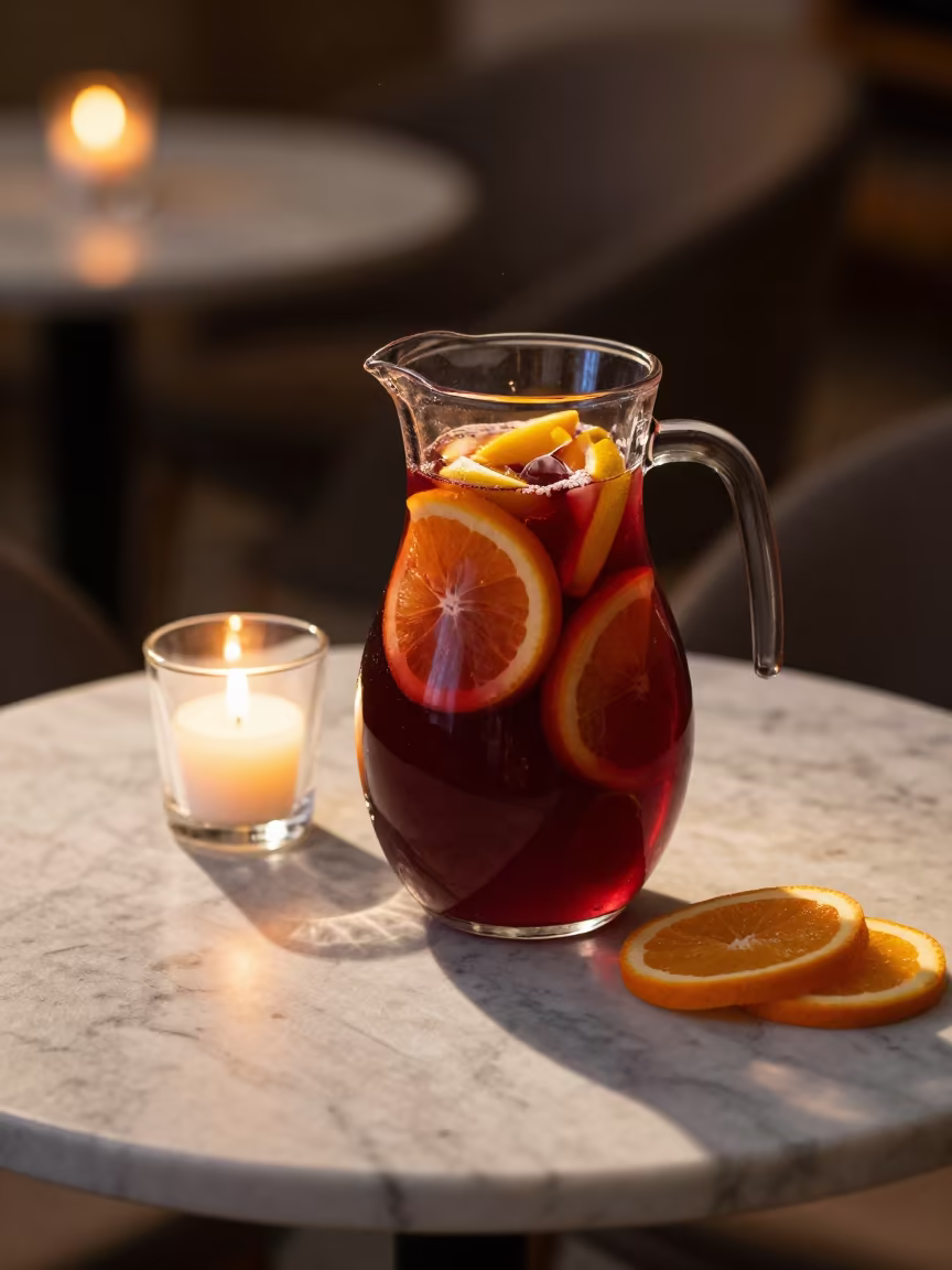 Sangria Jug Fruit Slices Candlelight Cafe in on a marble cafe table in Burao