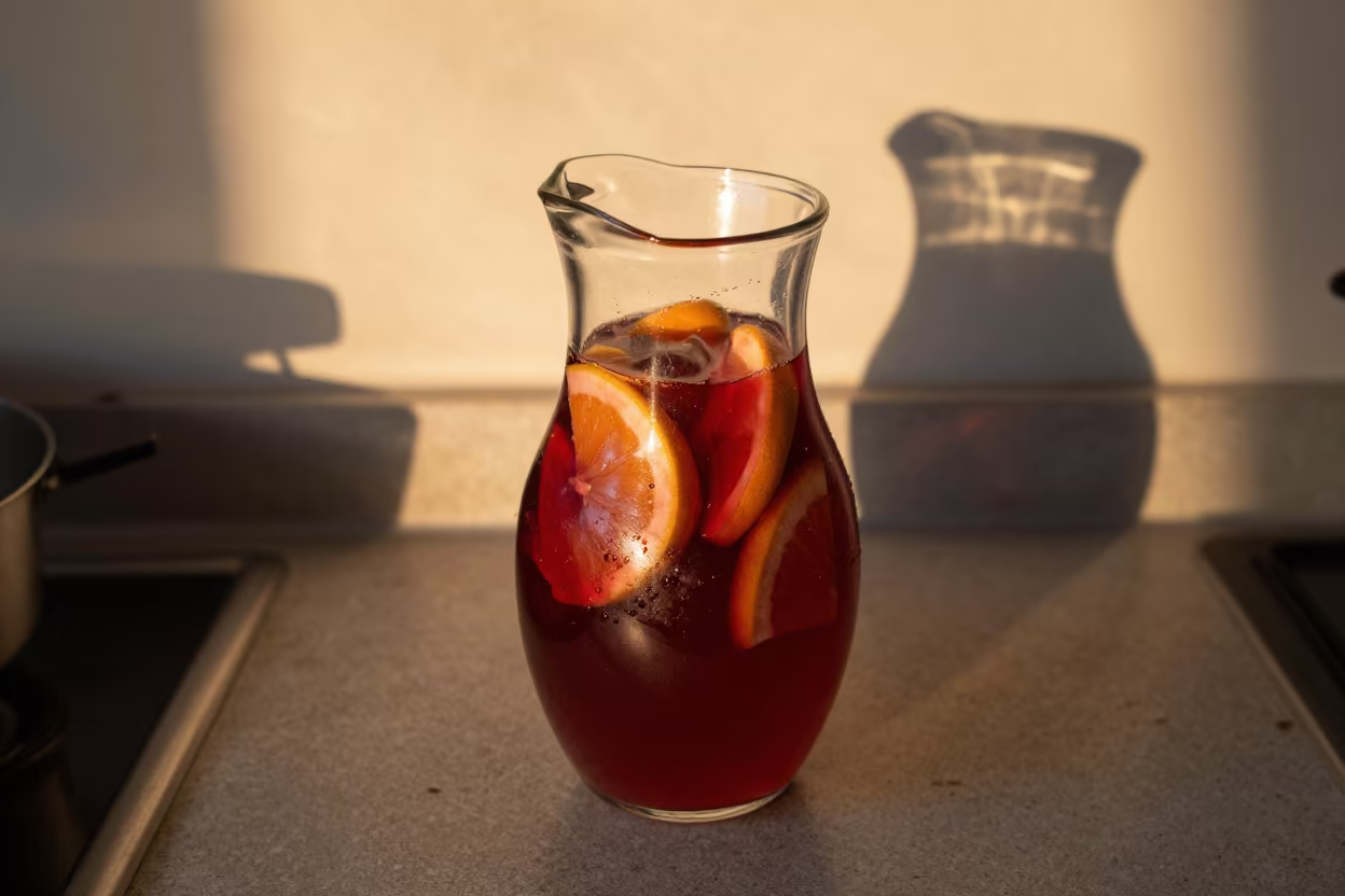 Sangria Jug with Fruit Slices on Ibb Kitchen Worktop in on a kitchen worktop in Ibb