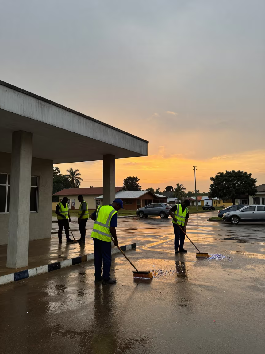 Sanitation Crew Cleaning Confetti at Lokoja Polling Station in outside a polling station entrance in Lokoja