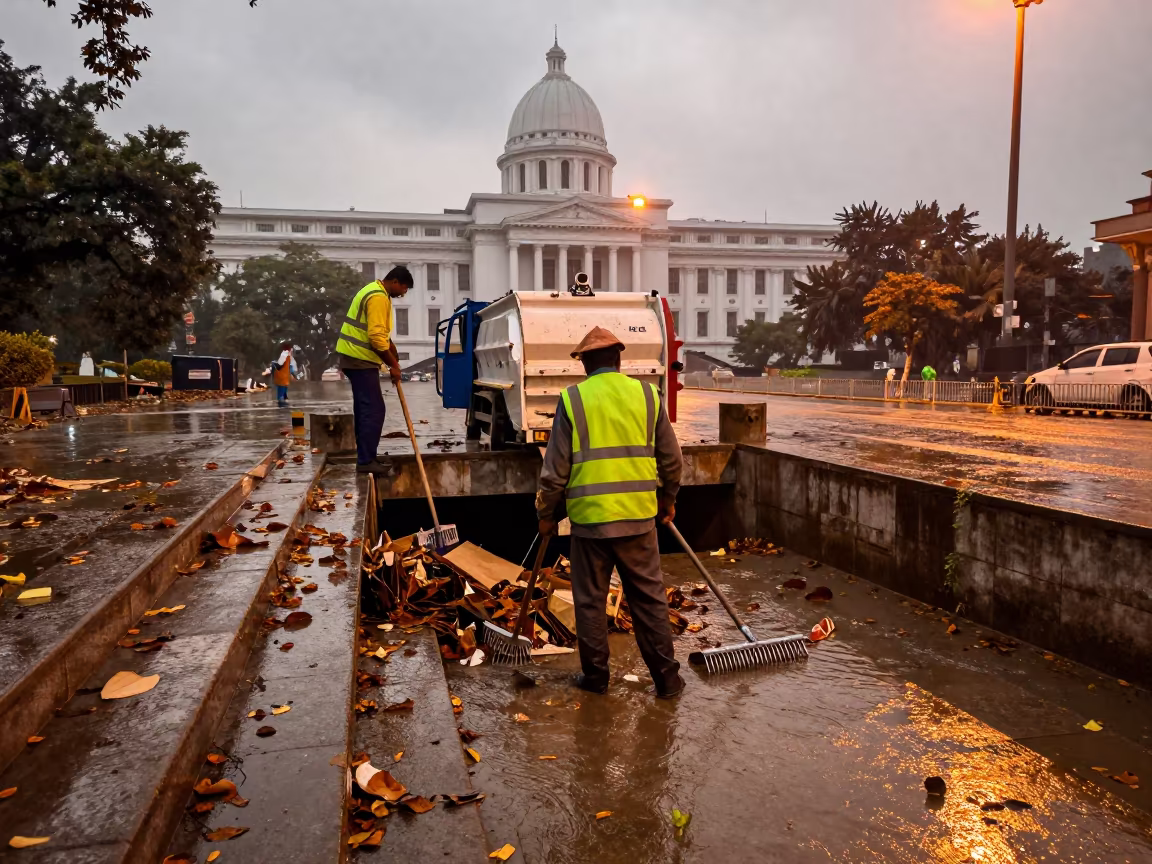 Sanitation Crew Clearing Debris in Autumn Underpass in on the steps of city hall in Saharsa