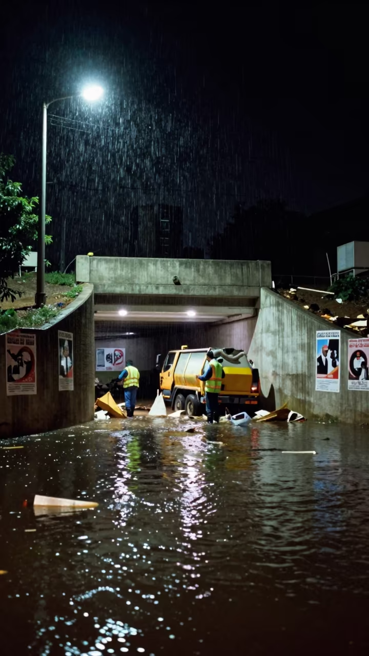 Sanitation Crew Clearing Flood Debris in Kirkuk Underpass in beneath government building floodlights in Kirkuk