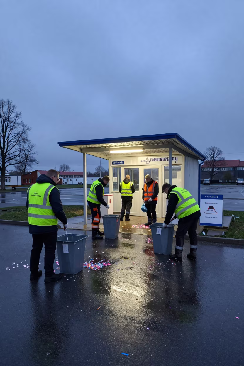 Sanitation Crew Clears Confetti After Parade in Gdynia in outside a polling station entrance in Gdynia