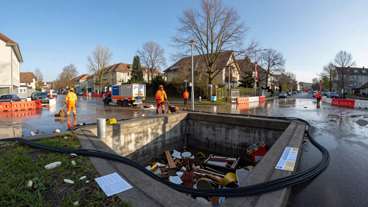 Sanitation Crew Clears Flood Debris in Bern Underpass in along barricaded protest routes in Bern