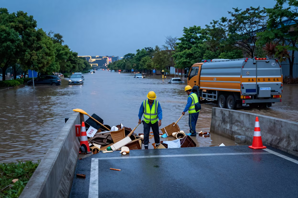 Sanitation Crew Clears Flood Debris in Guilin Underpass in along barricaded protest routes in Guilin