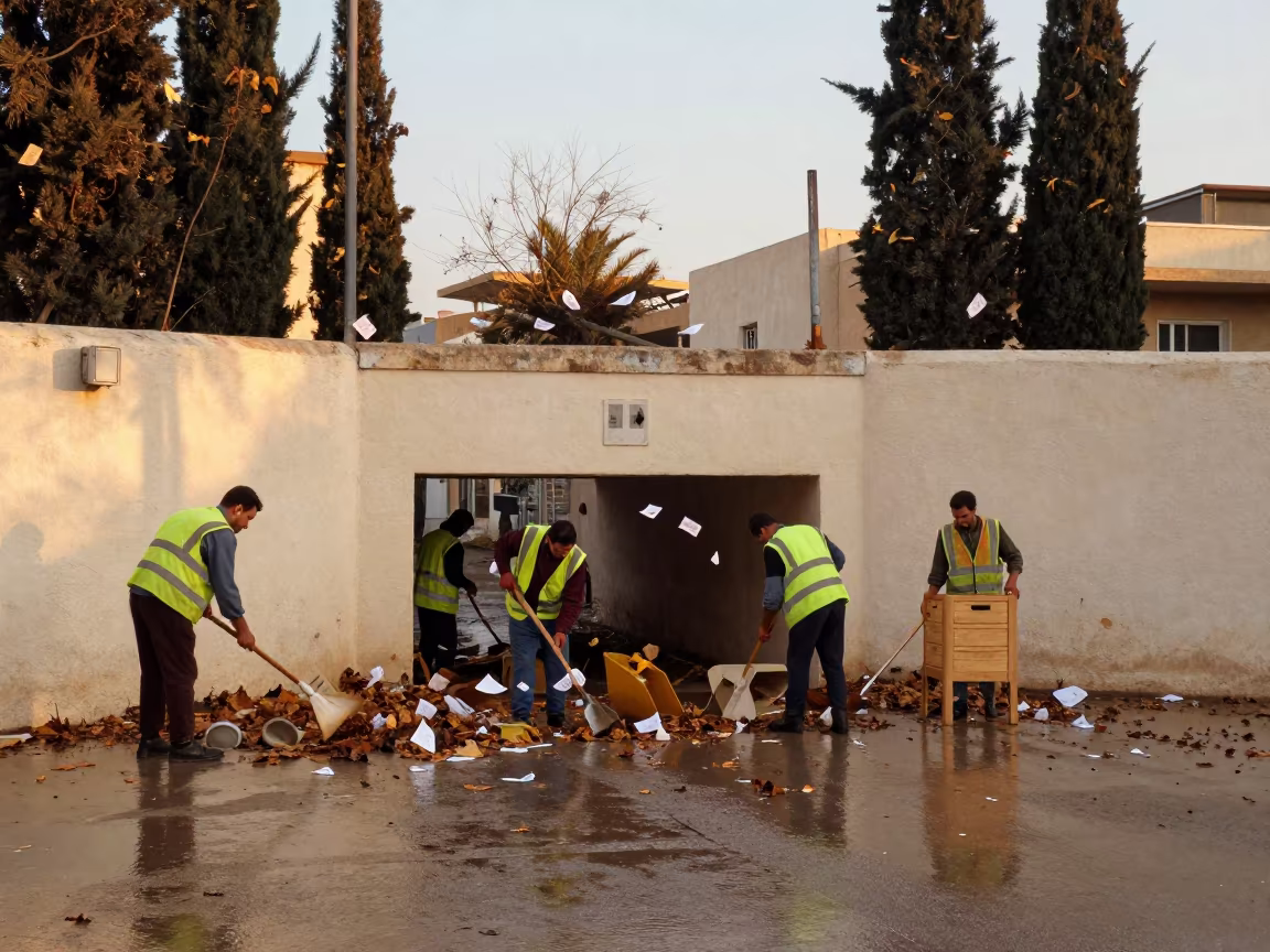 Sanitation crew clears flood debris at Tunis polling station in outside a polling station entrance in Tunis
