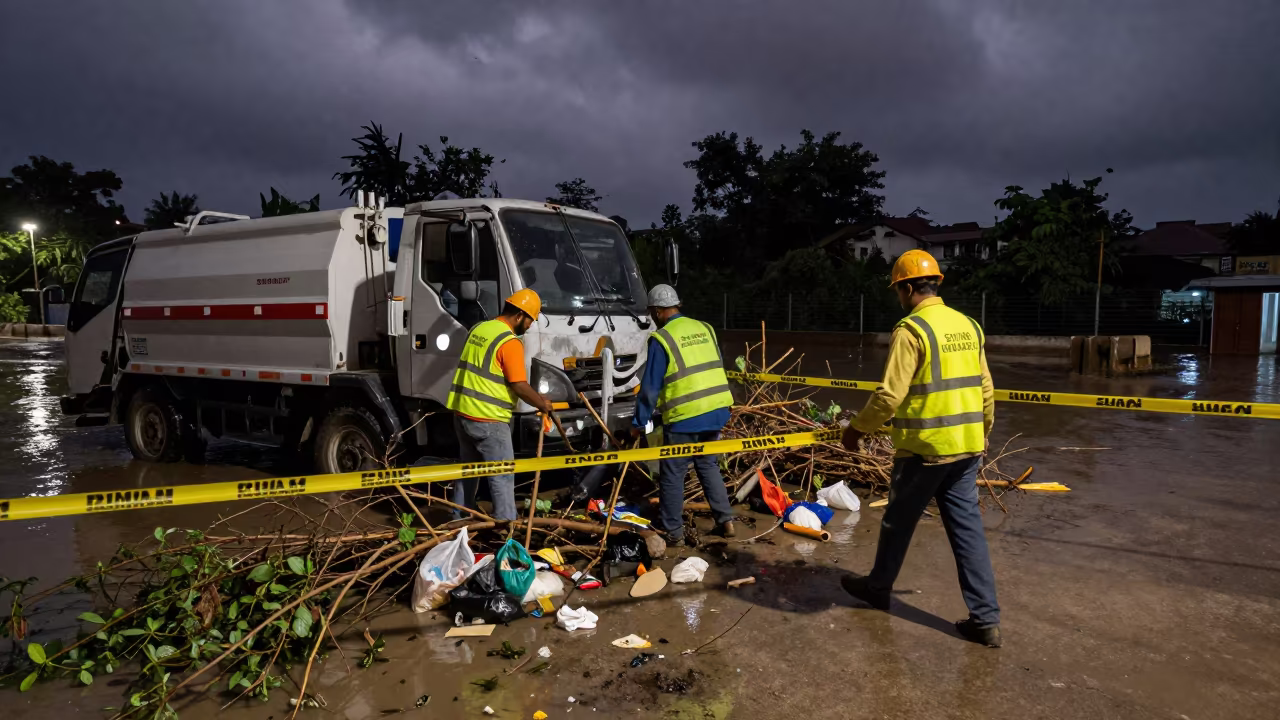Sanitation Crew Clears Flooded Underpass at Night in along barricaded protest routes in Navi Mumbai
