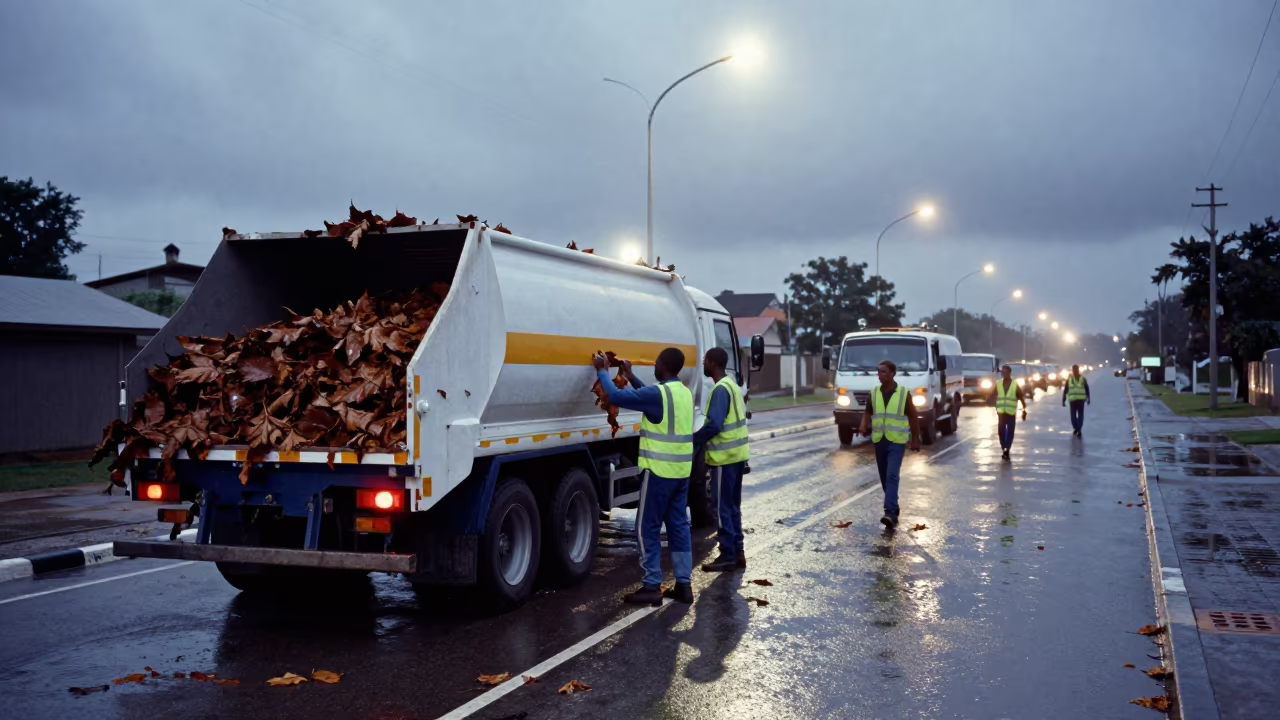 Sanitation Crew Collecting Wet Leaves at Dawn in Nampula in beneath government building floodlights in Nampula