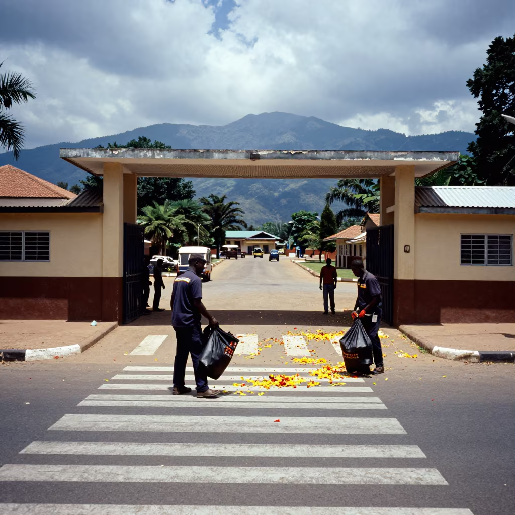 Sanitation Crew Collects Parade Confetti at Bujumbura School in at a crosswalk by a school gate in Bujumbura