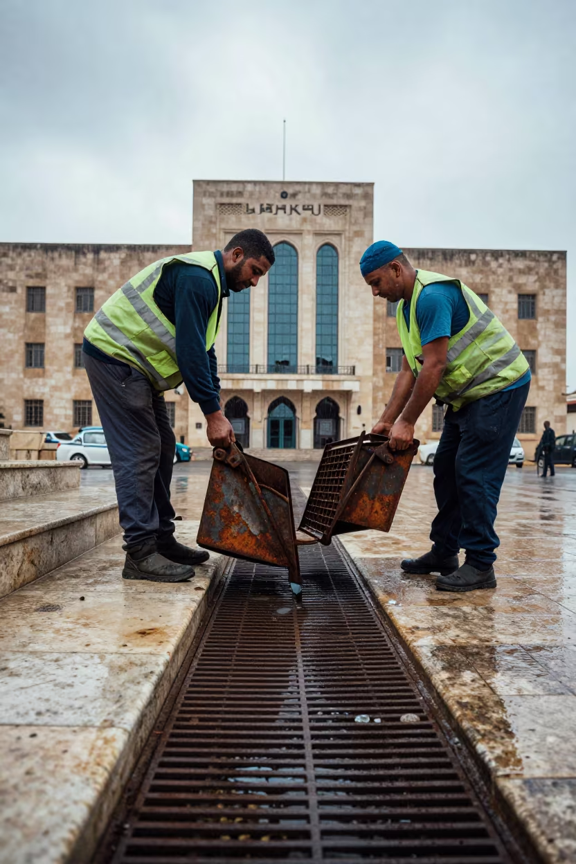Sanitation Crew Lifting Grates on City Hall Steps in on the steps of city hall in Berrechid
