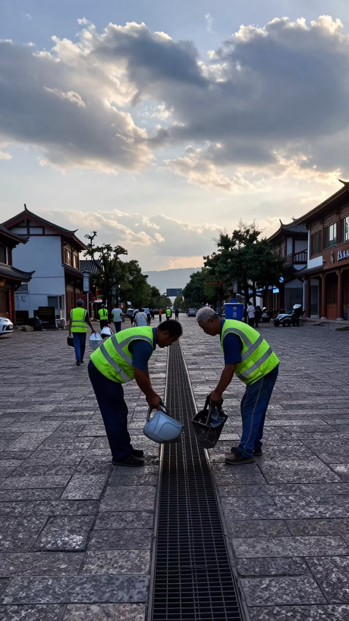 Sanitation Crew Lifting Grates in Lijiang Dawn in in a public square near Lijiang