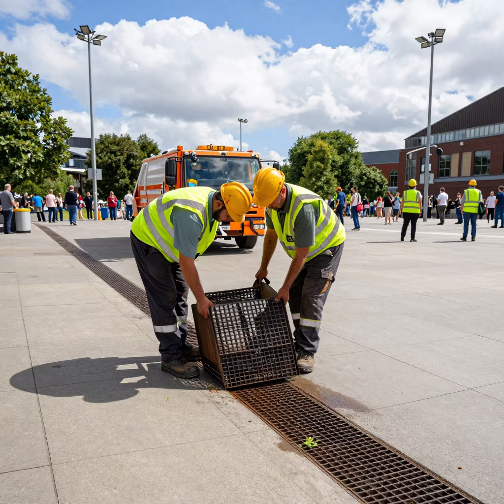 Sanitation Crew Lifting Grates Midmorning in beneath government building floodlights near Newcastle upon Tyne