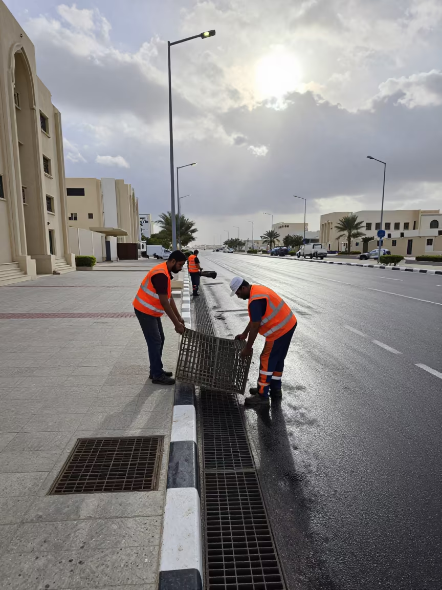 Sanitation Crew Lifting Grates Under Noon Floodlights in beneath government building floodlights in Al Ain
