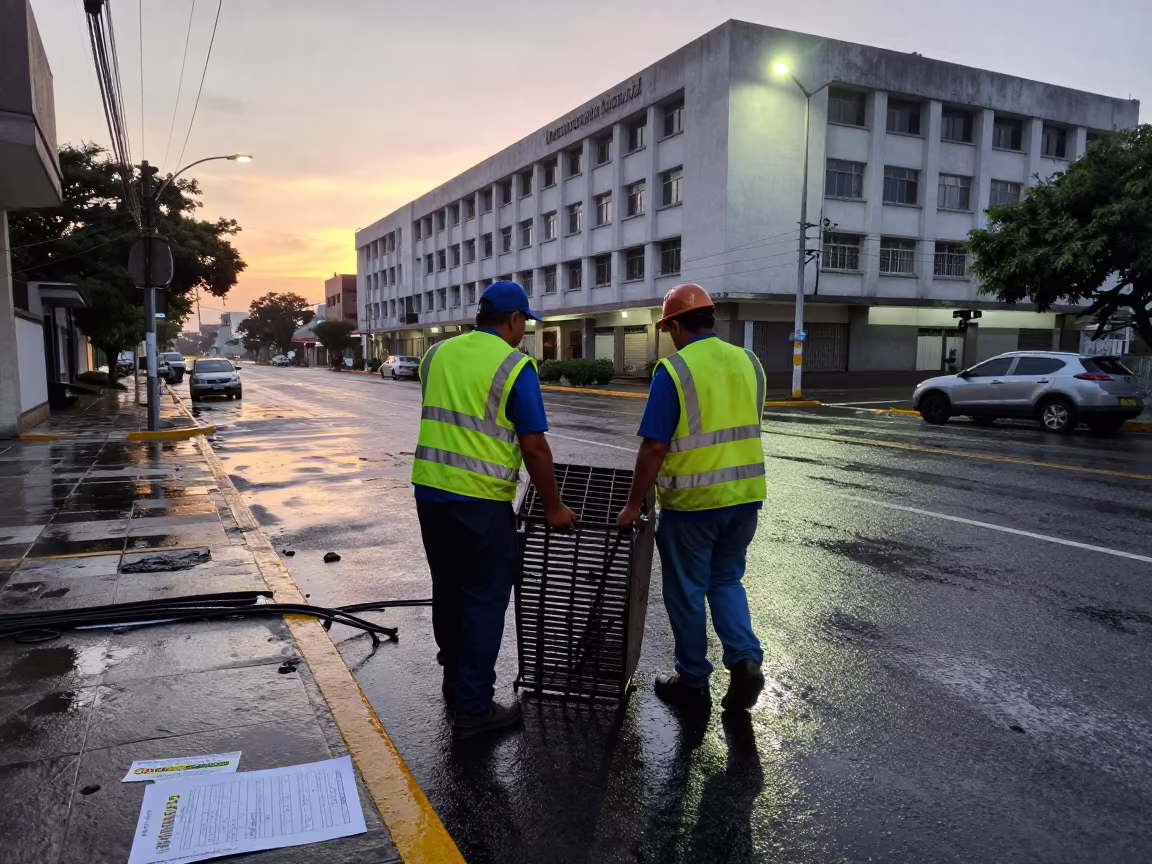 Sanitation Crew Lifting Grates at Sunrise in beneath government building floodlights near Guayaquil