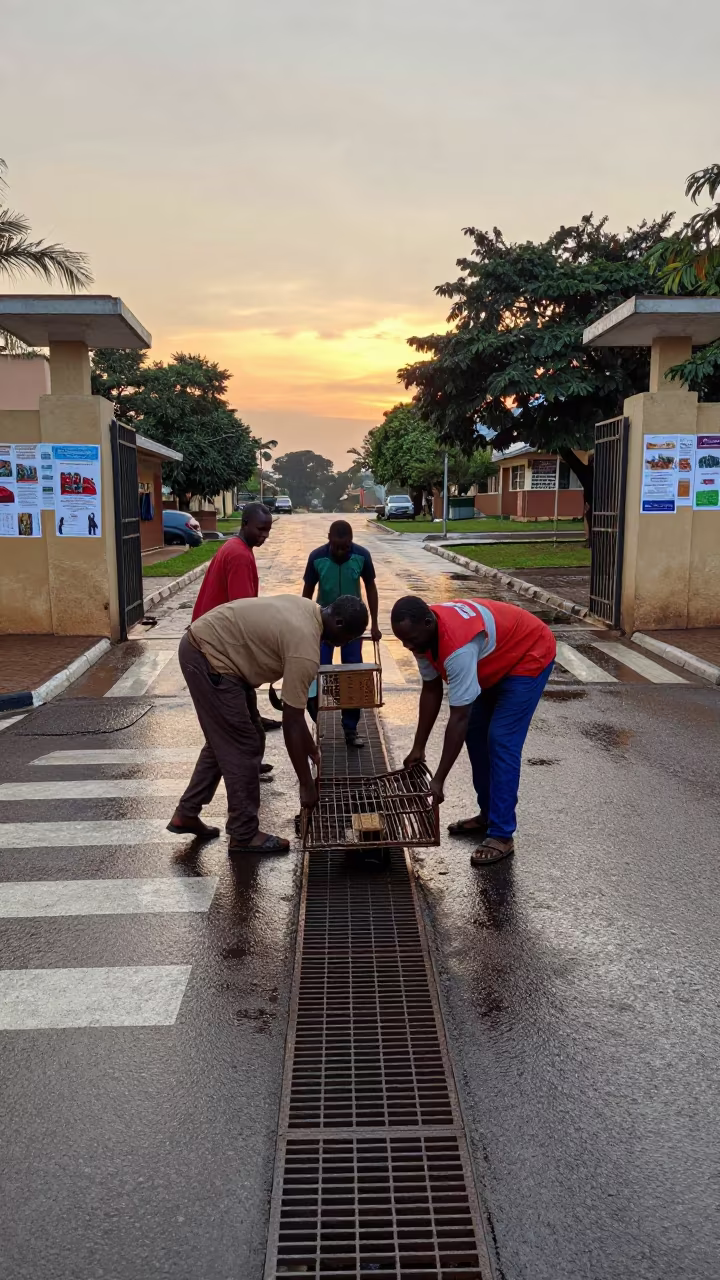 Sanitation Crew Lifting Grates at Yaounde School in at a crosswalk by a school gate near Yaounde