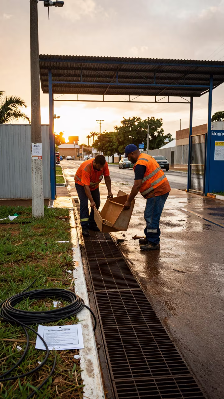 Sanitation Crew Lifts Gutter Grates Near Polling Station in outside a polling station entrance near Brasilia