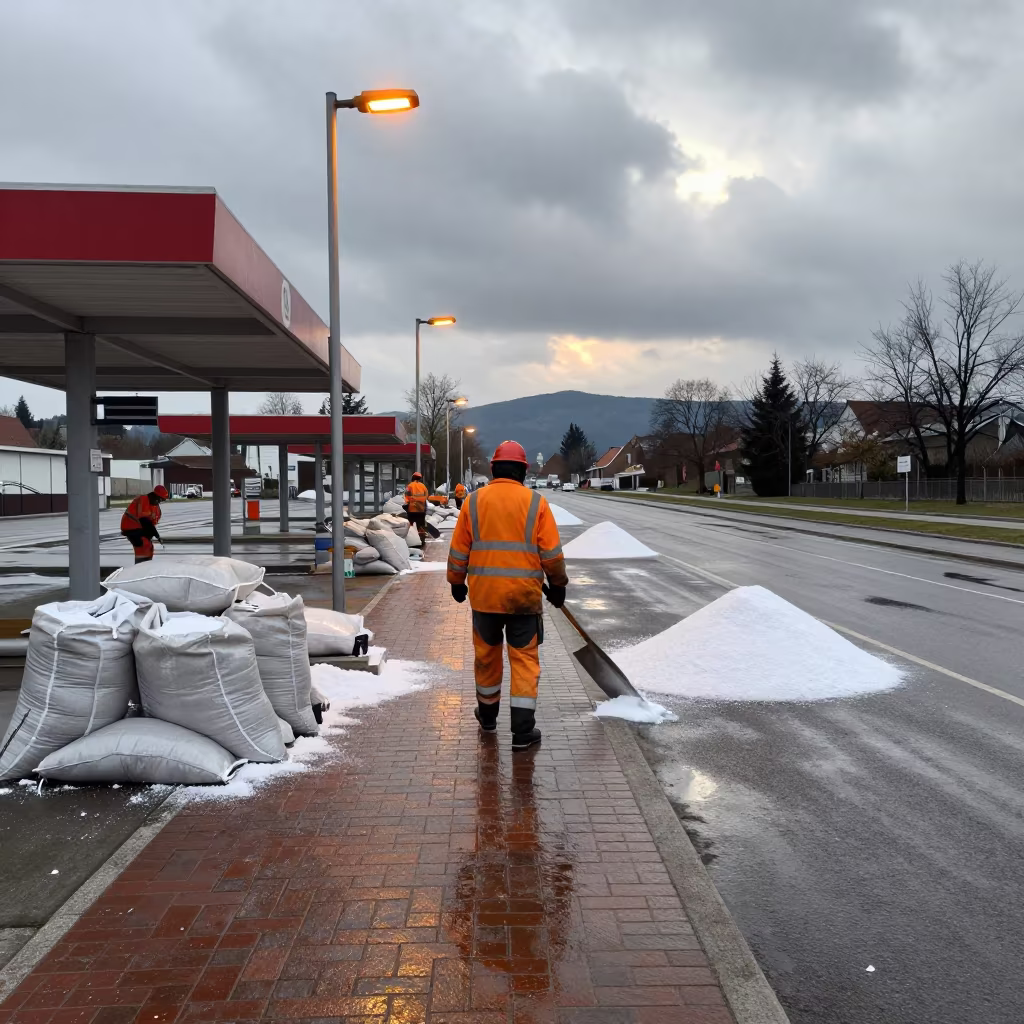 Sanitation Crew Salting Antwerp Sidewalks in outside a polling station entrance in Antwerp