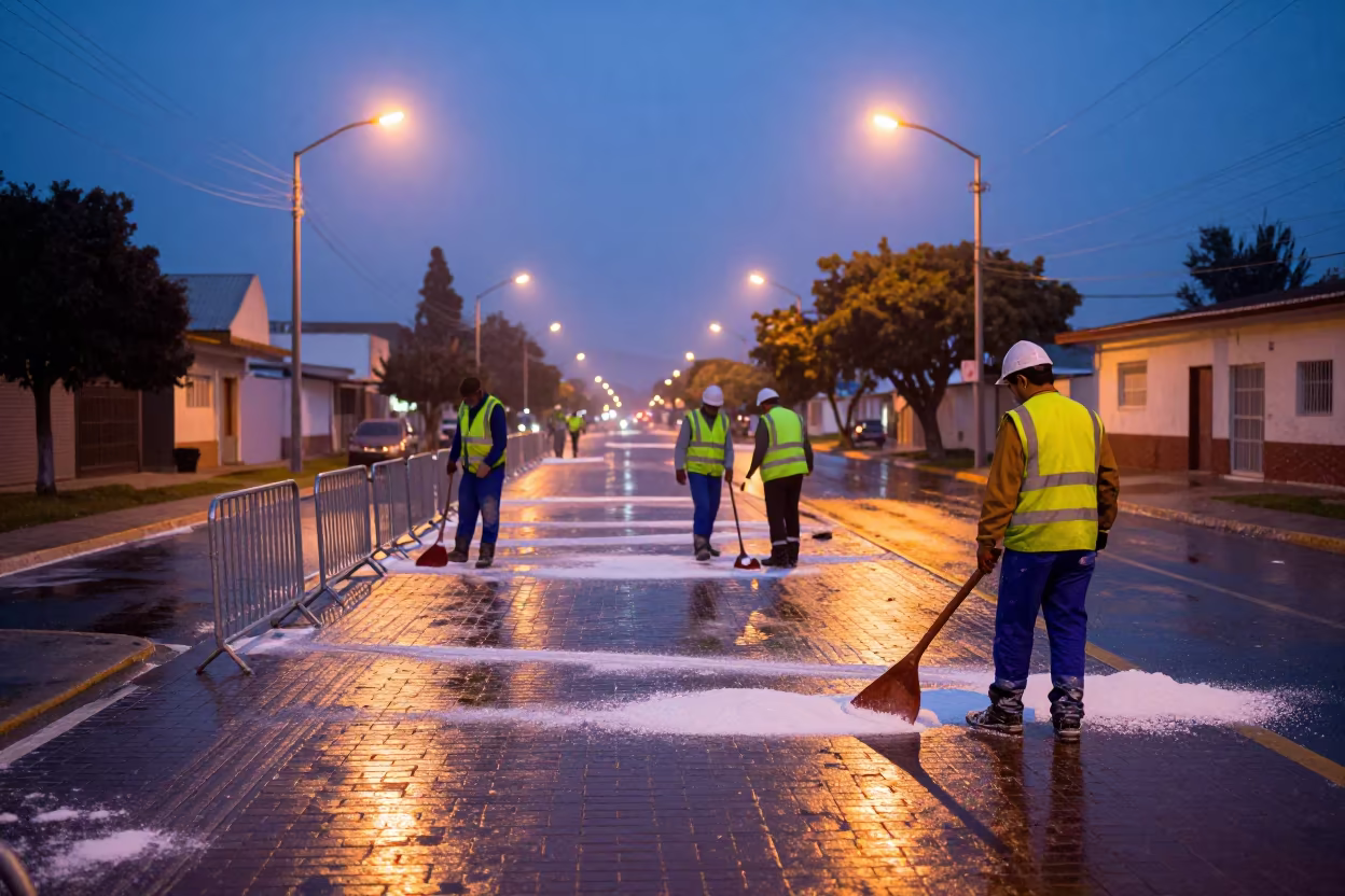 Sanitation Crew Salting Brick Sidewalks Blue Hour in along barricaded protest routes in Guasdualito