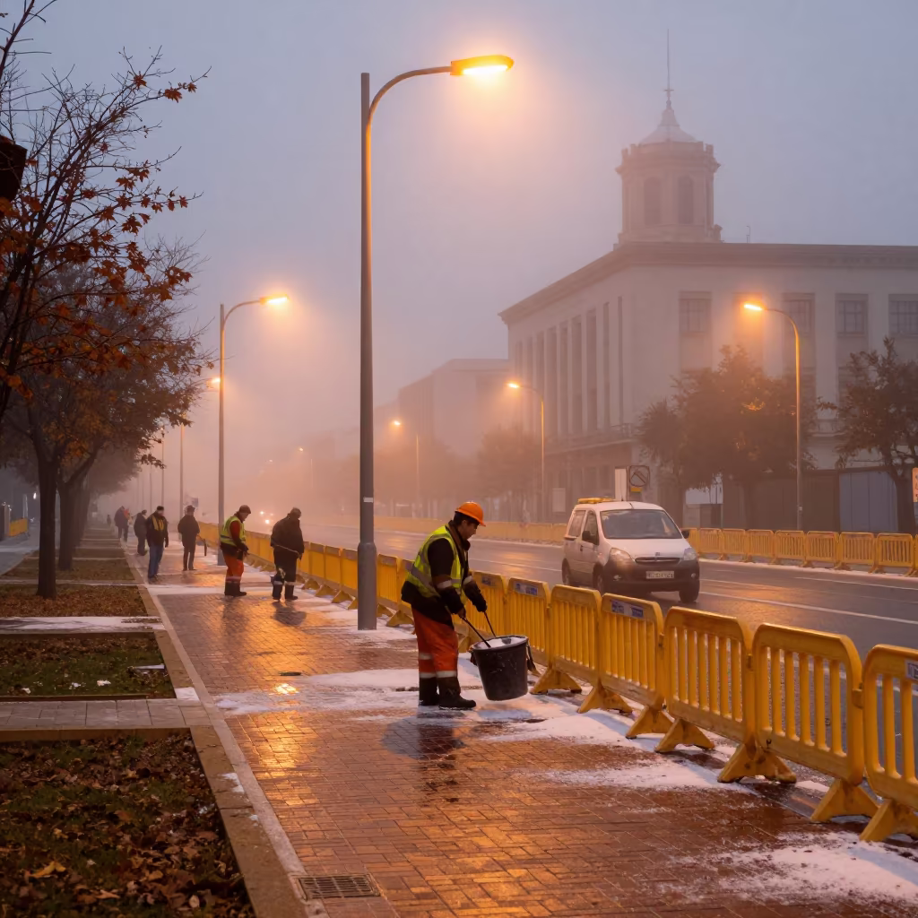 Sanitation Crew Salting Brick Sidewalks Dawn in along barricaded protest routes near Castellón de la Plana