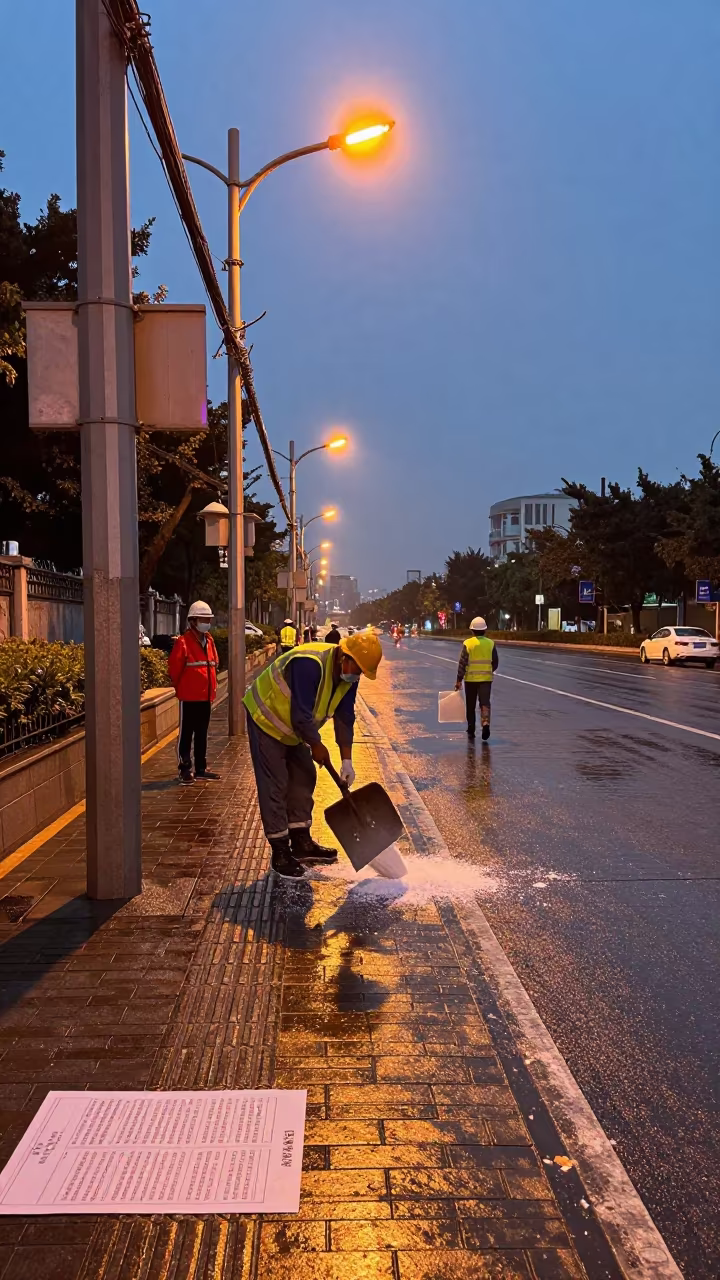 Sanitation Crew Salting Brick Sidewalks Guangzhou in in a public square in Xiguan, Guangzhou