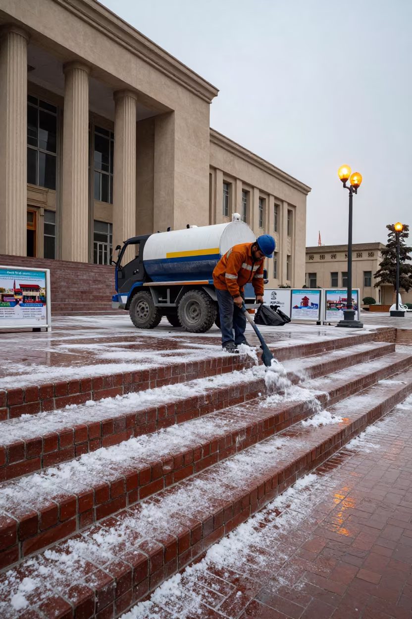 Sanitation Crew Salting Brick Sidewalks Skardu in on the steps of city hall near Skardu