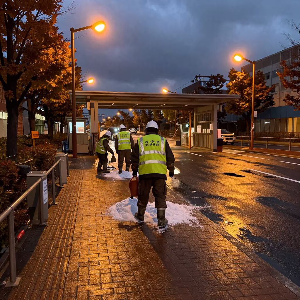 Sanitation Crew Salts Tokyo Sidewalks in outside a polling station entrance near Nakameguro, Tokyo