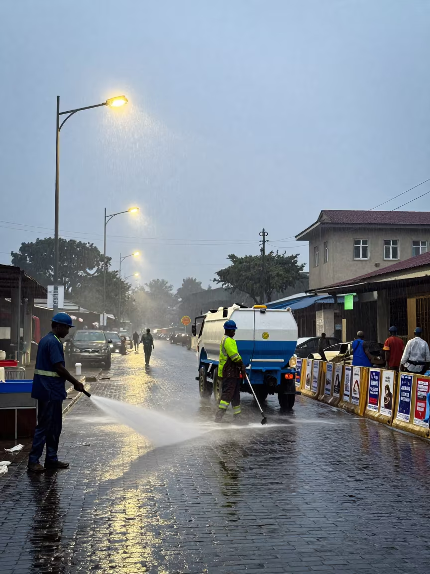 Sanitation Crew Spraying Dawn Market in beneath government building floodlights near Bamenda