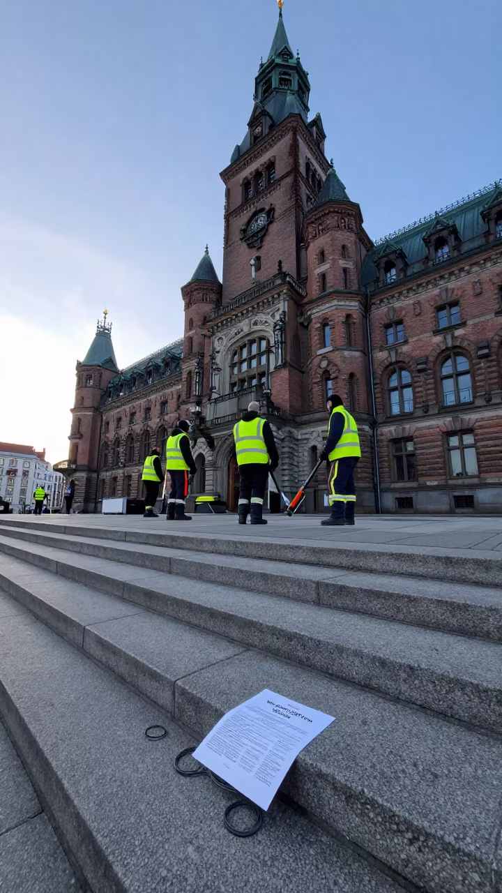 Sanitation Crew on Steps at Dawn in on the steps of city hall in St. Pauli, Hamburg