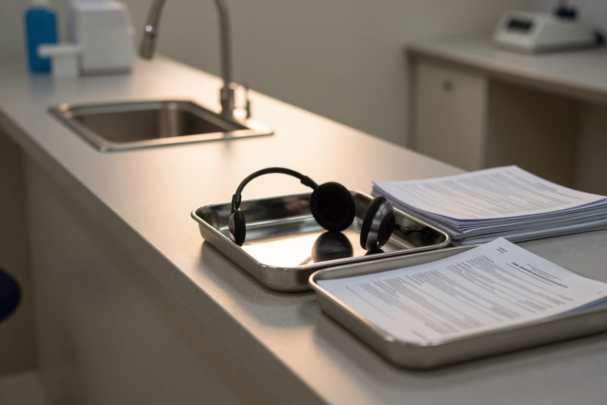 Sanitized Headset Tray in Vientiane Clinic in inside a clinic exam room in Vientiane