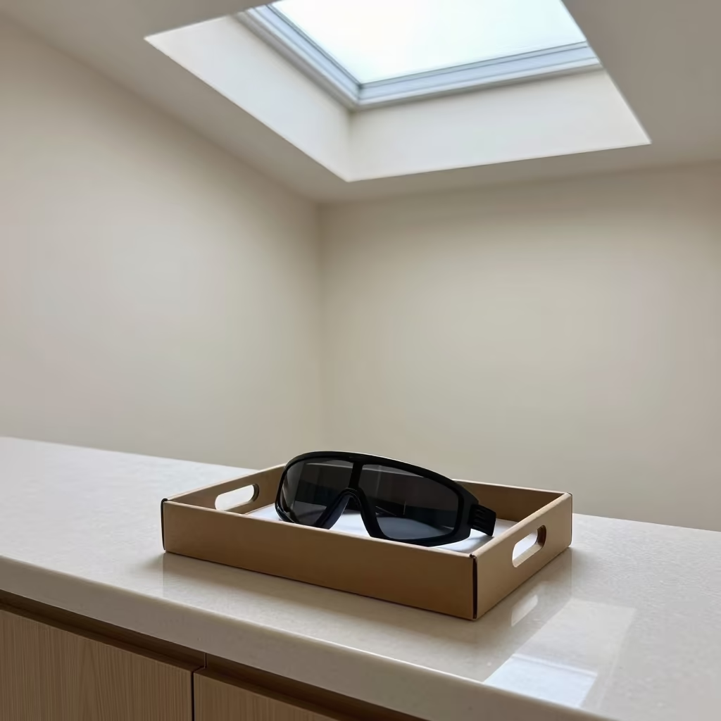 Sanitized Tanning Goggles on Tray in Chongqing Room in inside a skincare treatment room in Chongqing