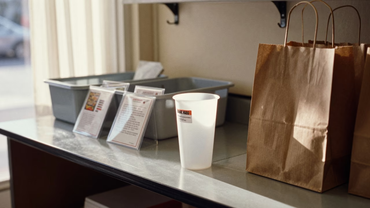 Sanitizer Cup on Retail Counter with Claim Tags in inside a storefront prepared for opening in Bradford
