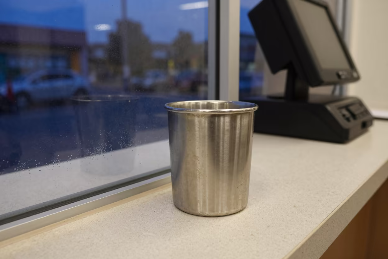 Sanitizer Cup Under Store Light in Soweto in at a checkout lane under flat store light near Soweto
