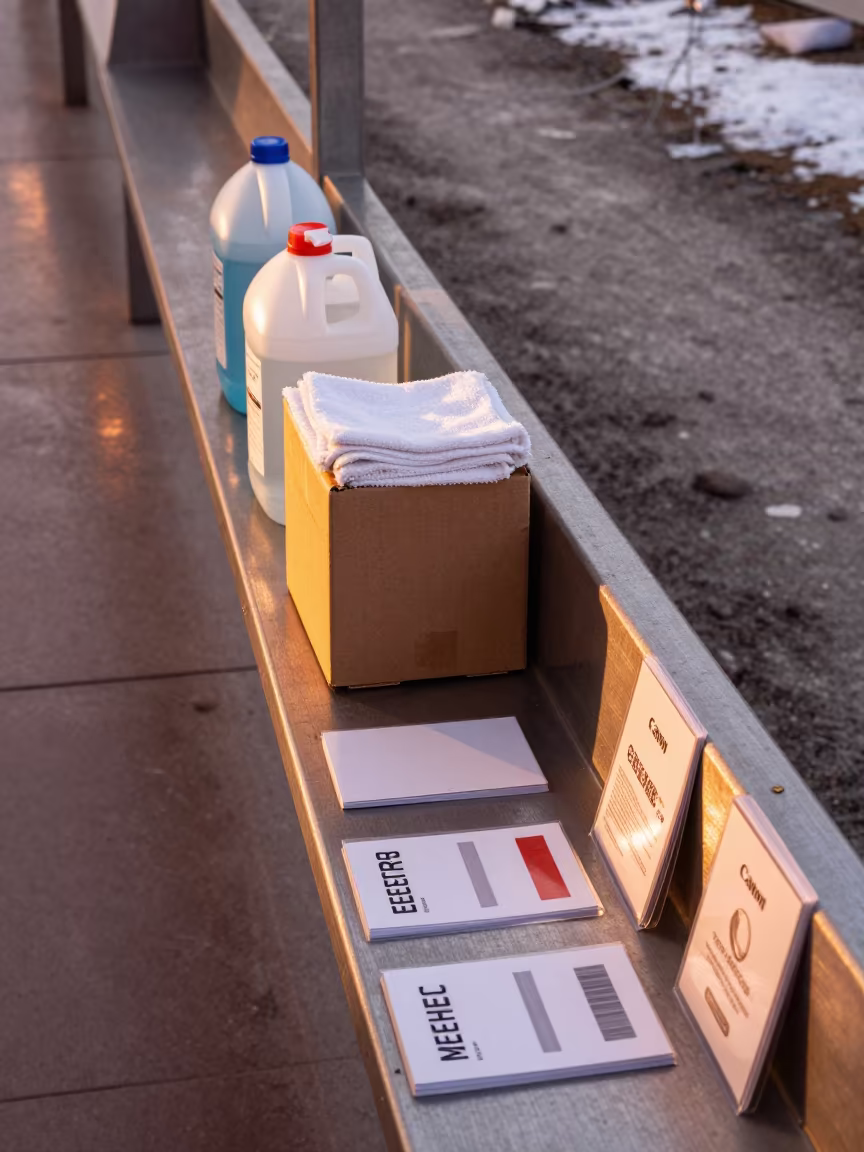 Sanitizer Jug Shelf in Murmansk Corridor in on a painted display ledge near Murmansk